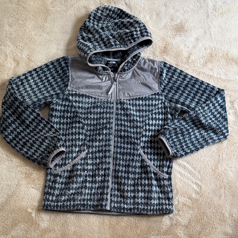 The North Face Kids Black and Gray Patterned Fleece Jacket Large, Womens X Small